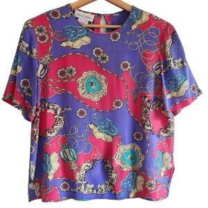 Vintage Casual Corner Colorful Silk Short Sleeved Blouse Size 14
